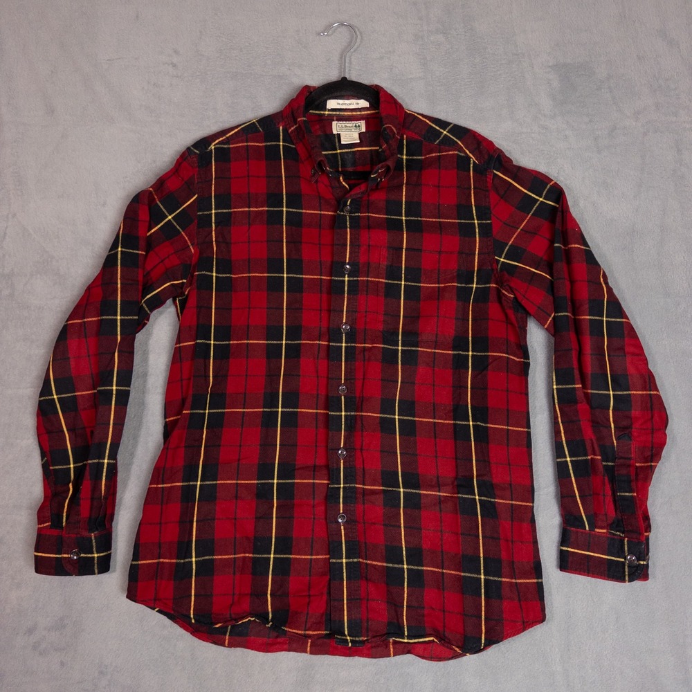 L.L. Bean Flannel Shirt Mens Medium Red Black Plaid Traditional Fit Cotton Good